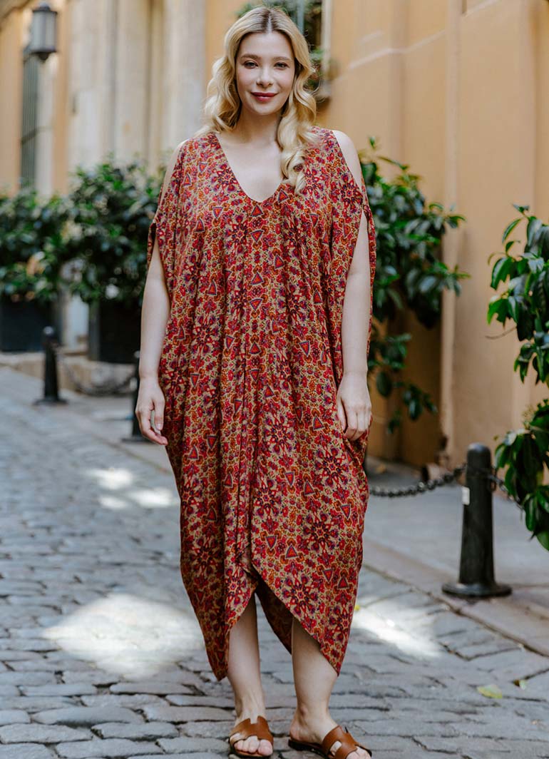 Red Print Bohemian Style V Neck Cold Shoulder Plus Size Dress