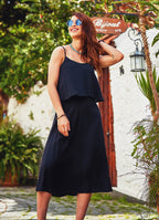 Elastic Waistband Back Decollete Black Midi Dress
