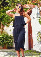Elastic Waistband Back Decollete Black Midi Dress