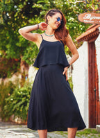 Elastic Waistband Back Decollete Black Midi Dress