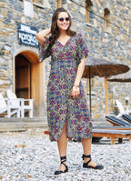 Etnic Patterned Bat Sleeve V Neckline Yellow Dress