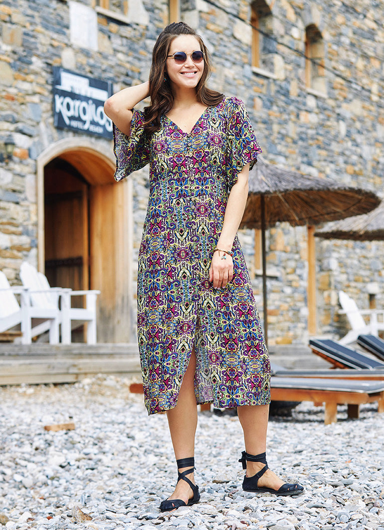 Etnic Patterned Bat Sleeve V Neckline Yellow Dress