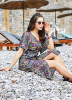 Etnic Patterned Bat Sleeve V Neckline Yellow Dress