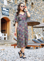 Etnic Patterned Bat Sleeve V Neckline Yellow Dress