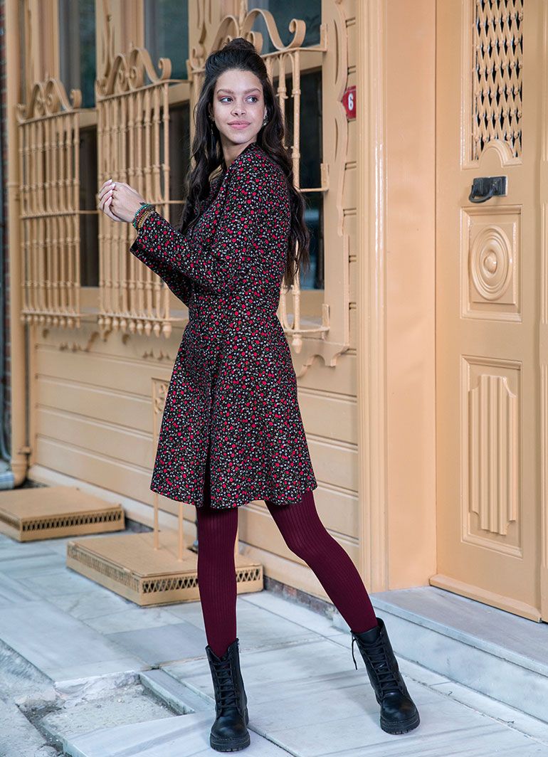Mandarin Collar Long Sleeve Red Floral Short Winter Dress