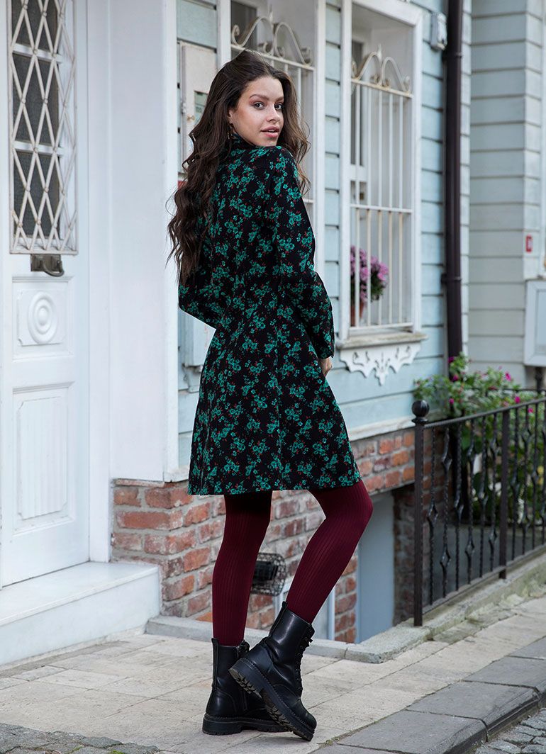 Mandarin Collar Long Sleeve Floral Wholesale Black Dress