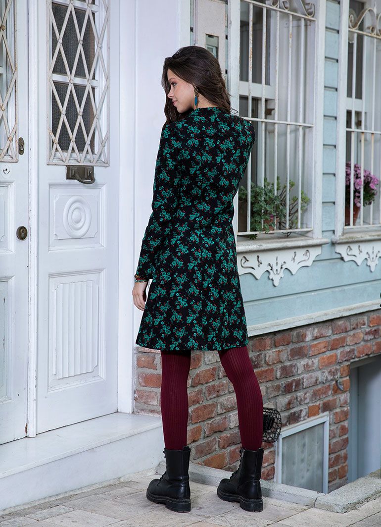 Mandarin Collar Long Sleeve Floral Wholesale Black Dress