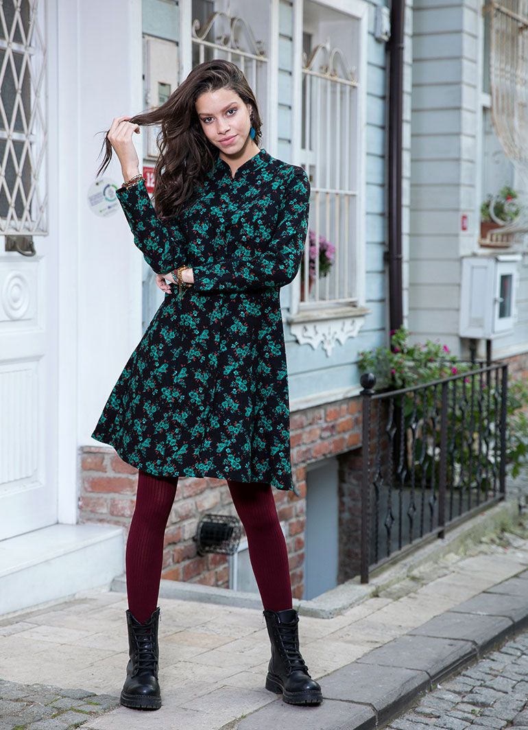 Mandarin Collar Long Sleeve Floral Wholesale Black Dress