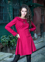 Fold Over Boat Neck Detailed Long Sleeve Gypsy Style Red Dress