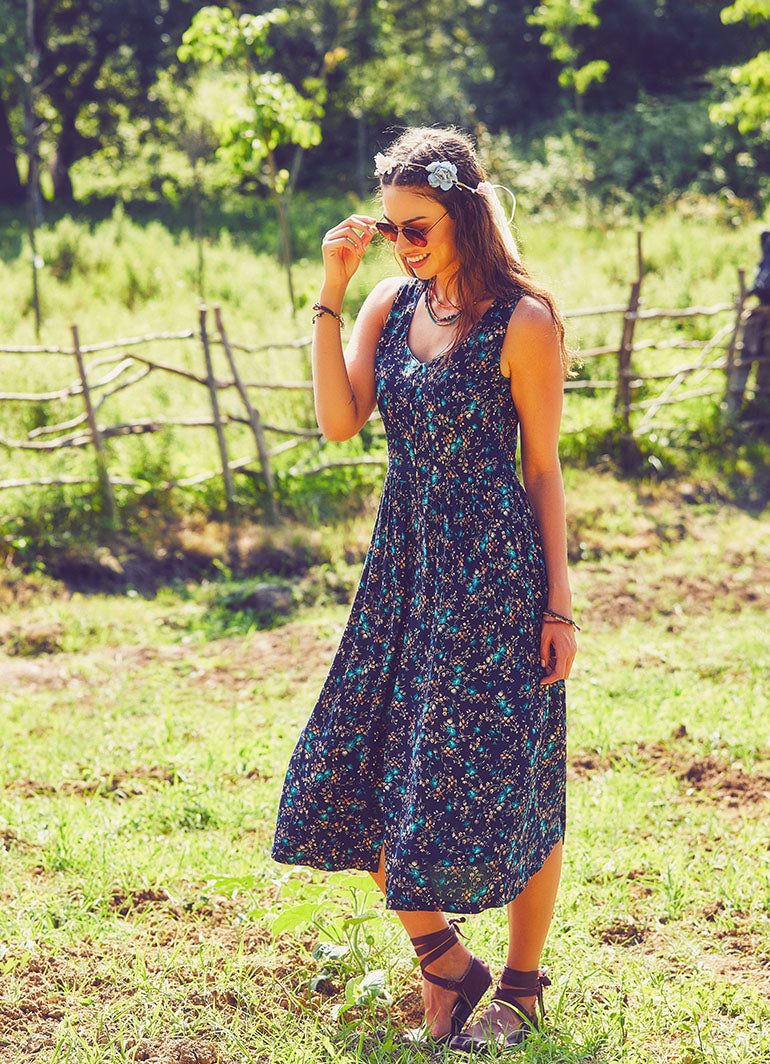 Boho Tunic Navy Blue Clover Dress