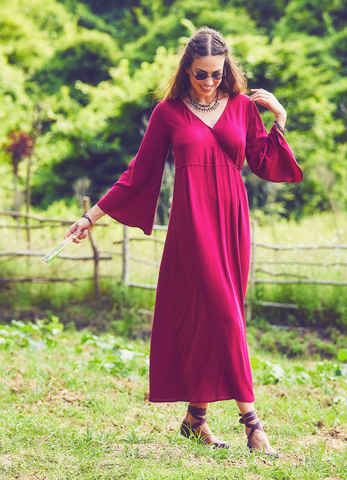 Bell Sleeve Wrap Claret MaroonDress