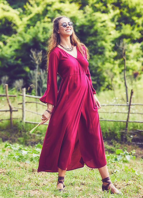 Bell Sleeve Wrap Claret MaroonDress