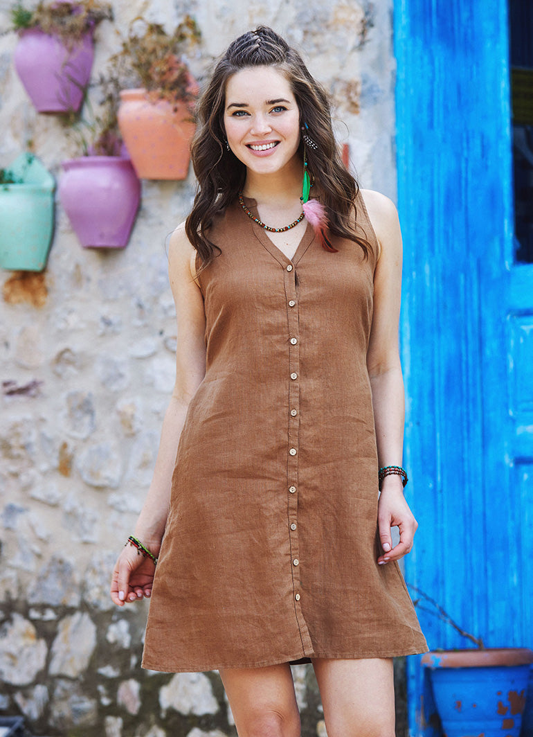 Mustard Casual Linen Shirt Dress