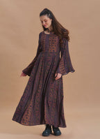 Boat Neck Tied Waist Spanish Sleeve Brown Ethnic Print Long Sleeve Dress