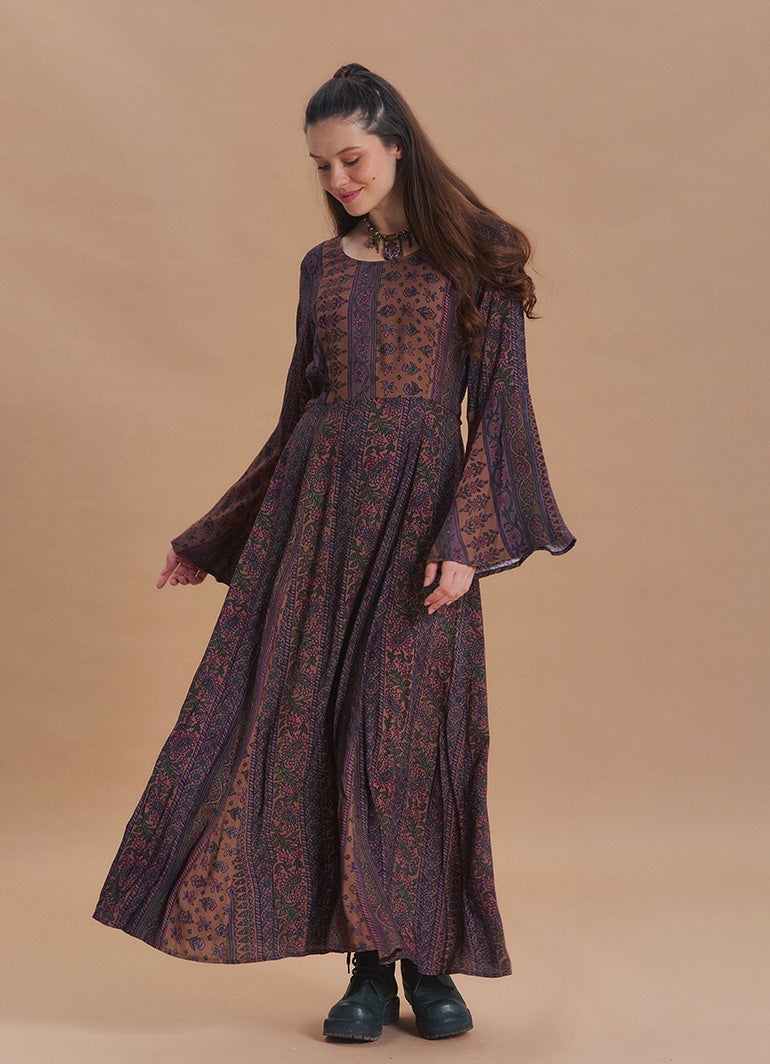 Boat Neck Tied Waist Spanish Sleeve Brown Ethnic Print Long Sleeve Dress