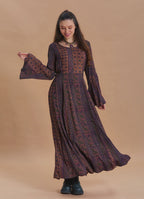 Boat Neck Tied Waist Spanish Sleeve Brown Ethnic Print Long Sleeve Dress