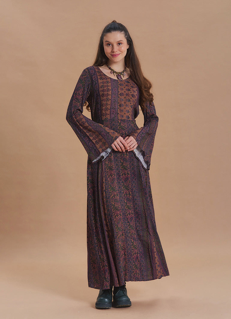 Boat Neck Tied Waist Spanish Sleeve Brown Ethnic Print Long Sleeve Dress