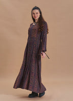 Boat Neck Tied Waist Spanish Sleeve Brown Ethnic Print Long Sleeve Dress