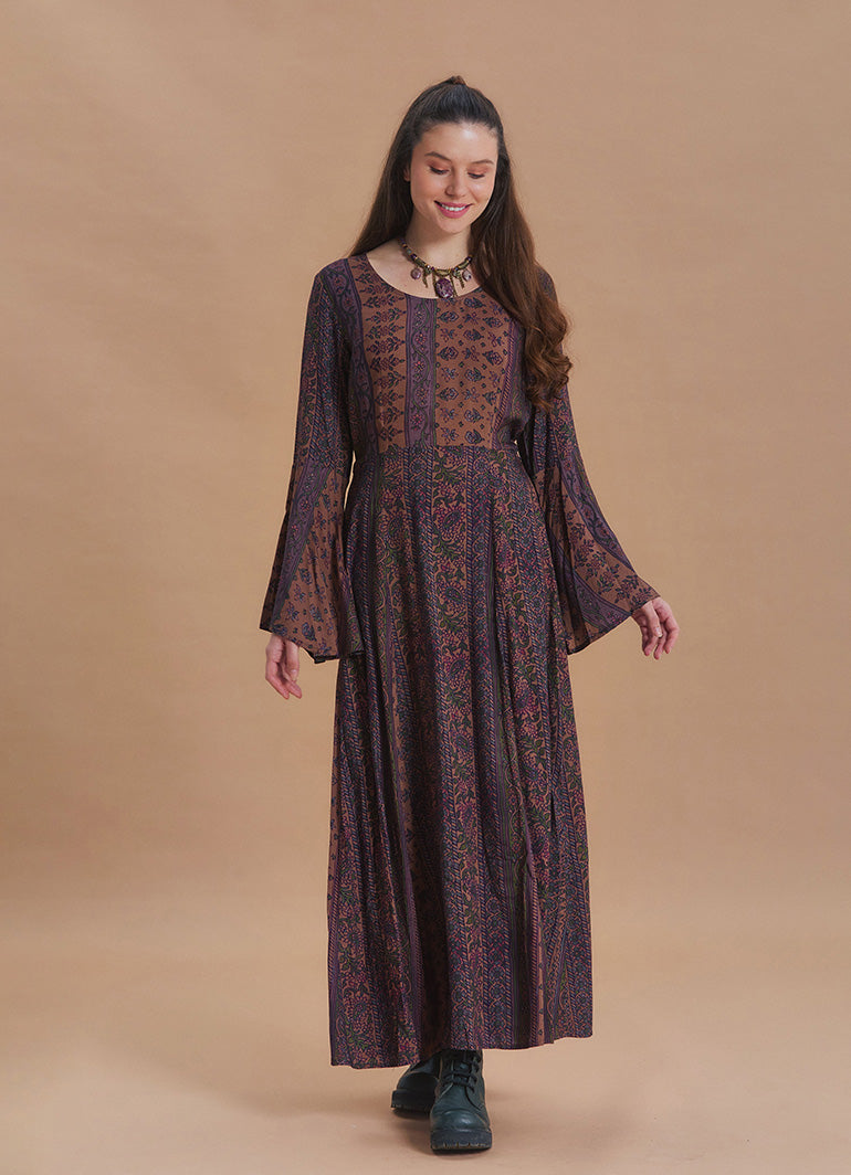 Boat Neck Tied Waist Spanish Sleeve Brown Ethnic Print Long Sleeve Dress