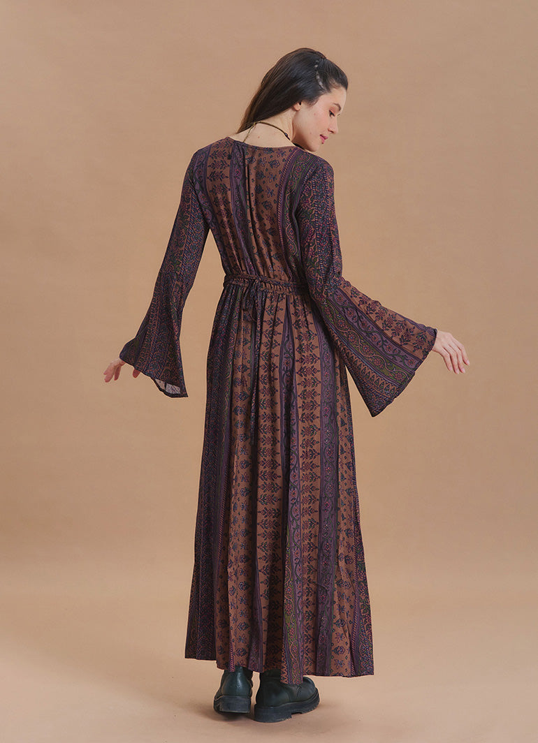 Boat Neck Tied Waist Spanish Sleeve Brown Ethnic Print Long Sleeve Dress