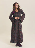 Boat Neck Tied Waist Spanish Sleeve Brown Patterned Winter Dress