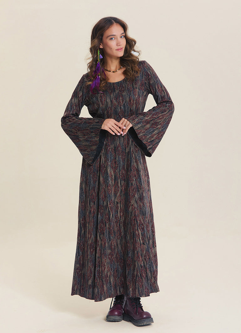 Boat Neck Tied Waist Spanish Sleeve Brown Patterned Winter Dress