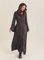 Boat Neck Tied Waist Spanish Sleeve Brown Patterned Winter Dress