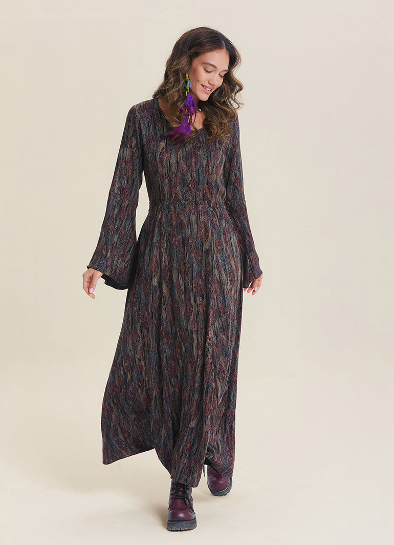 Boat Neck Tied Waist Spanish Sleeve Brown Patterned Winter Dress