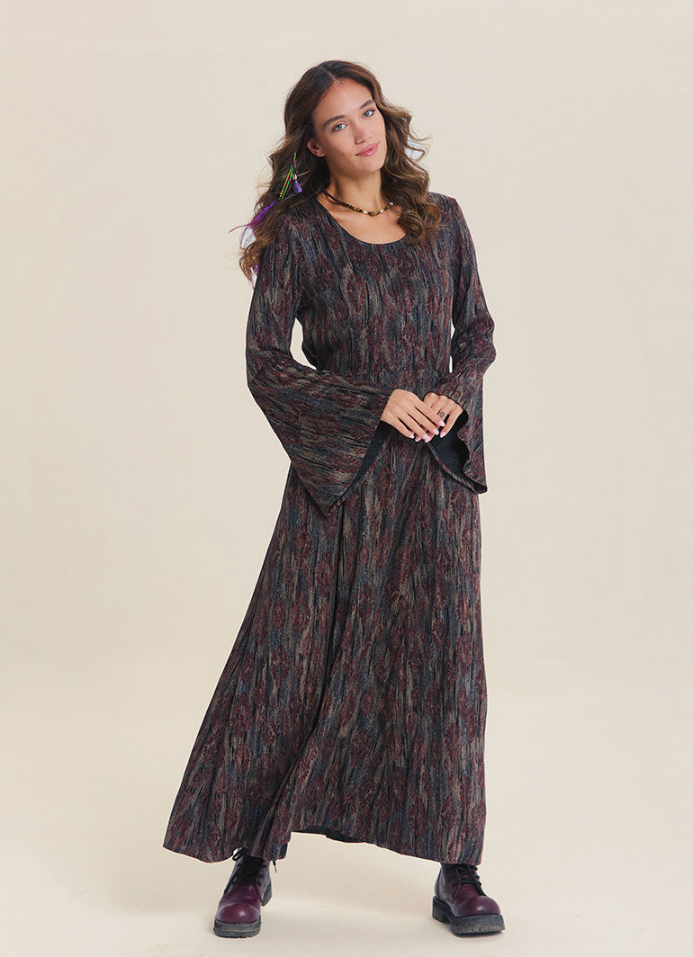 Boat Neck Tied Waist Spanish Sleeve Brown Patterned Winter Dress