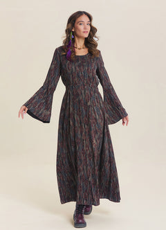 Boat Neck Tied Waist Spanish Sleeve Brown Patterned Winter Dress