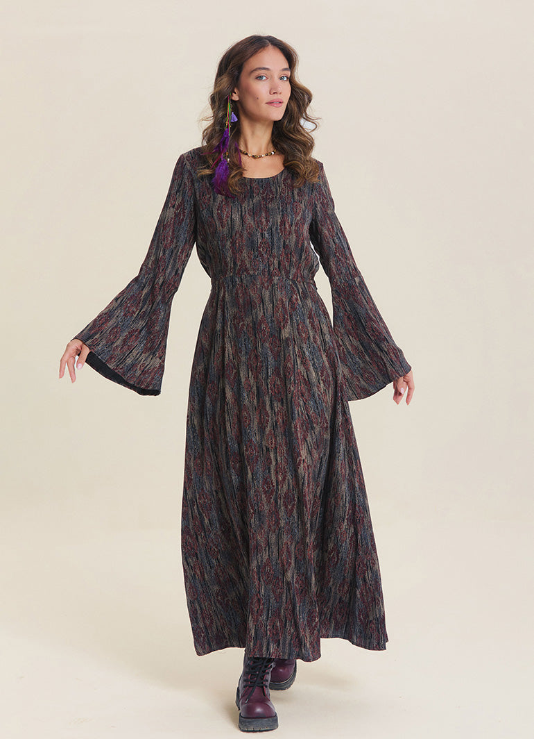 Boat Neck Tied Waist Spanish Sleeve Brown Patterned Winter Dress