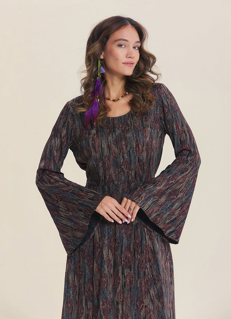 Boat Neck Tied Waist Spanish Sleeve Brown Patterned Winter Dress