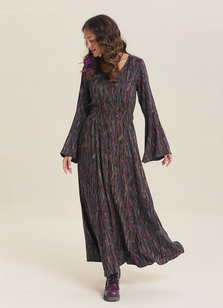 Boat Neck Tied Waist Spanish Sleeve Brown Patterned Winter Dress