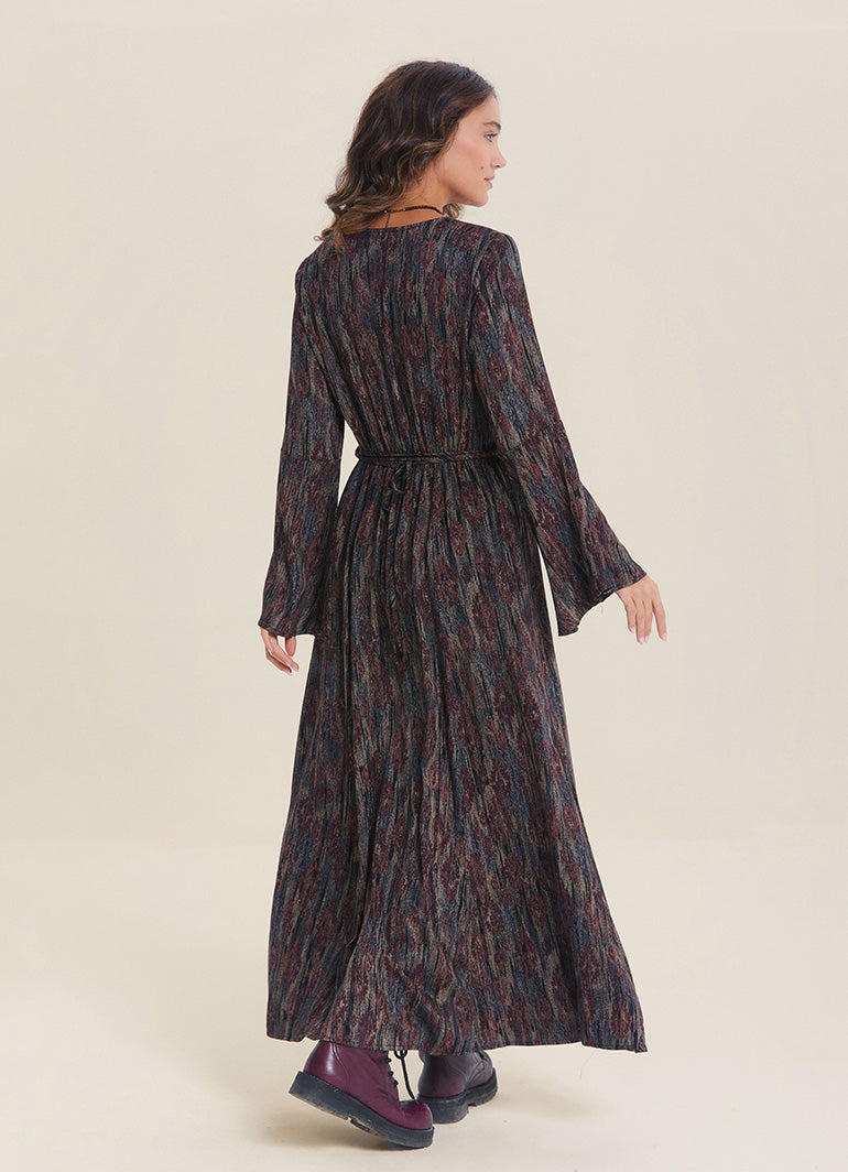 Boat Neck Tied Waist Spanish Sleeve Brown Patterned Winter Dress