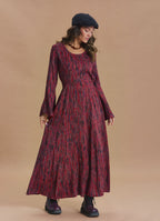 Boat Neck Tied Waist Spanish Sleeve Red Patterned Winter Dress