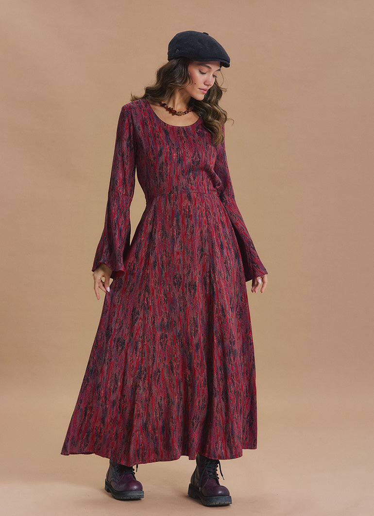Boat Neck Tied Waist Spanish Sleeve Red Patterned Winter Dress