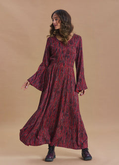 Boat Neck Tied Waist Spanish Sleeve Red Patterned Winter Dress
