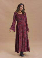 Boat Neck Tied Waist Spanish Sleeve Red Patterned Winter Dress