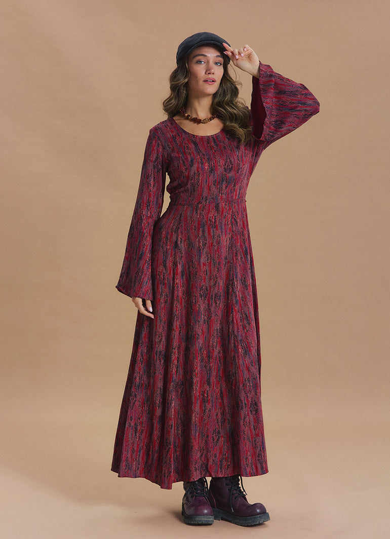 Boat Neck Tied Waist Spanish Sleeve Red Patterned Winter Dress