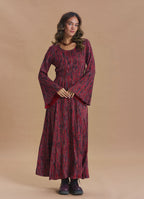 Boat Neck Tied Waist Spanish Sleeve Red Patterned Winter Dress