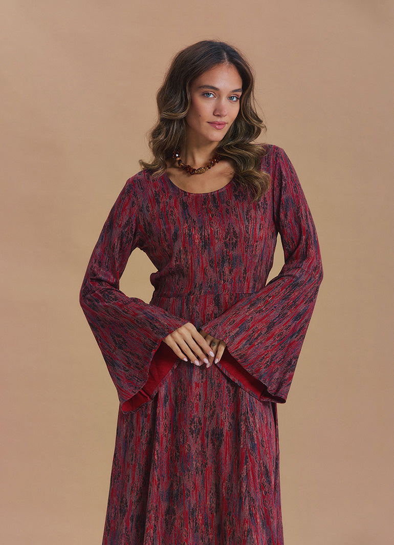 Boat Neck Tied Waist Spanish Sleeve Red Patterned Winter Dress