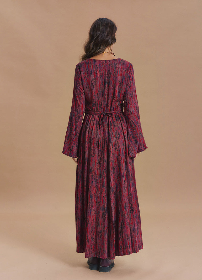 Boat Neck Tied Waist Spanish Sleeve Red Patterned Winter Dress