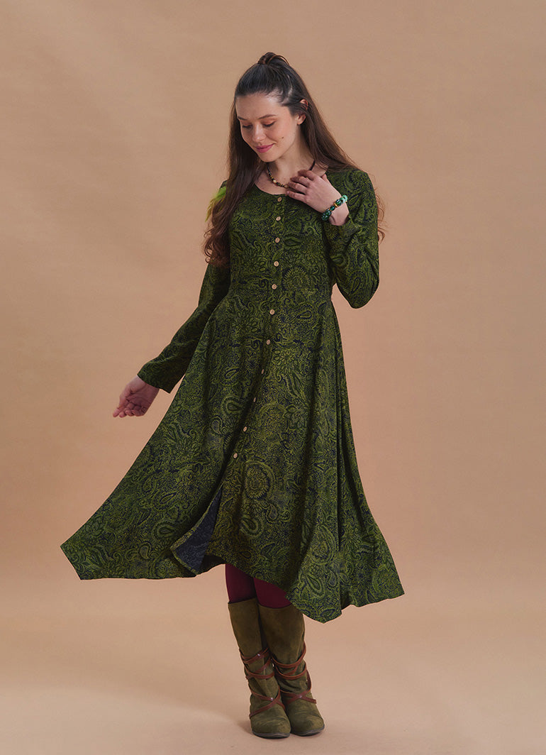 Boat Neck Asymmetrical Cut Button Detailed Khaki Paisley Winter Dress