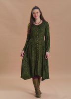Boat Neck Asymmetrical Cut Button Detailed Khaki Paisley Winter Dress