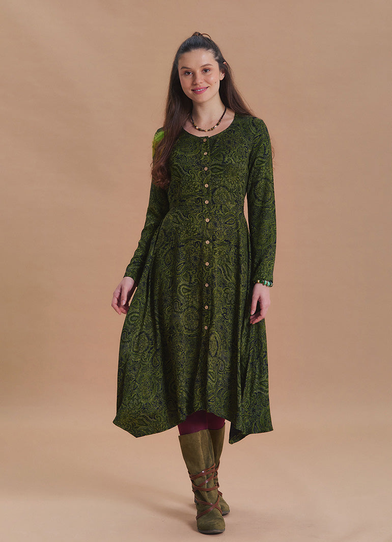 Boat Neck Asymmetrical Cut Button Detailed Khaki Paisley Winter Dress