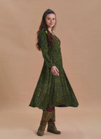 Boat Neck Asymmetrical Cut Button Detailed Khaki Paisley Winter Dress