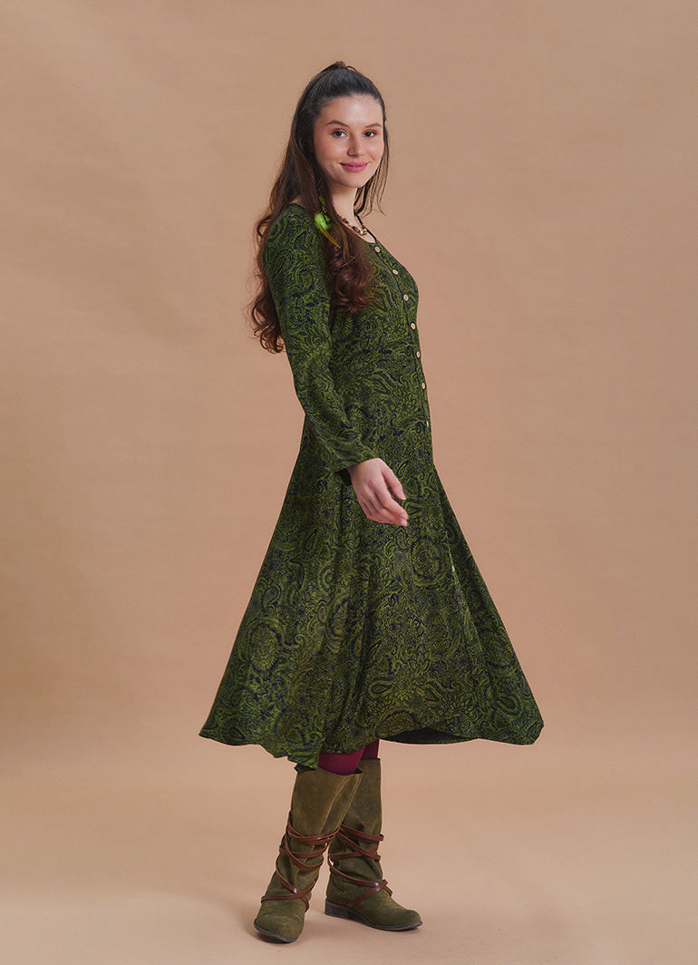 Boat Neck Asymmetrical Cut Button Detailed Khaki Paisley Winter Dress