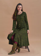 Boat Neck Asymmetrical Cut Button Detailed Khaki Paisley Winter Dress