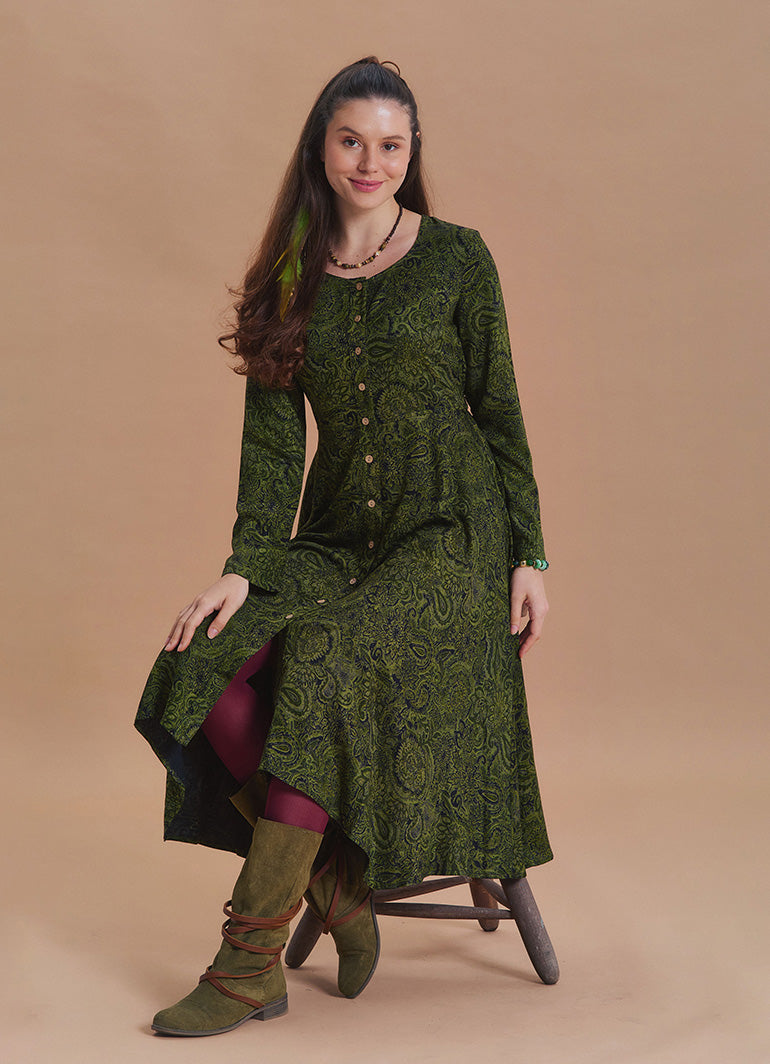 Boat Neck Asymmetrical Cut Button Detailed Khaki Paisley Winter Dress