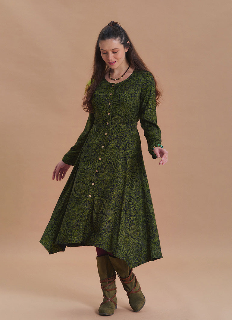Boat Neck Asymmetrical Cut Button Detailed Khaki Paisley Winter Dress